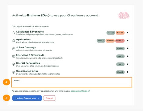 Log in to Greenhouse button in Brainner