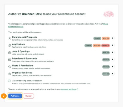 Greenhouse authorization screen with the Authorize button