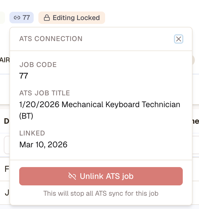 An AIR job showing its active ATS connection to the linked Greenhouse job