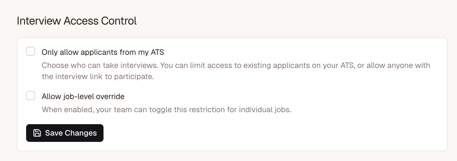 AIR admin settings for Interview Access Control, including the job-level override option