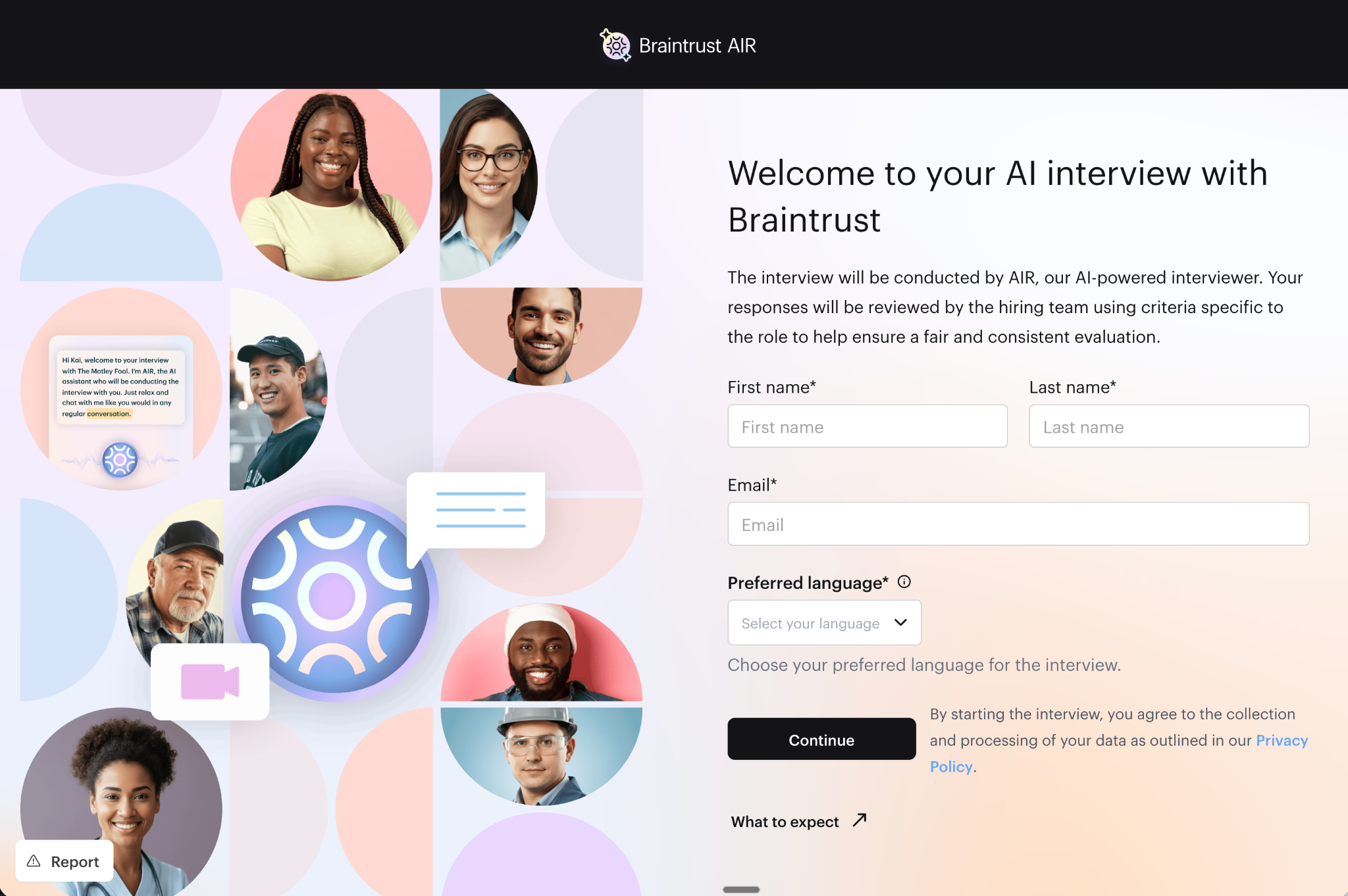 The AIR candidate welcome screen, branded to your company