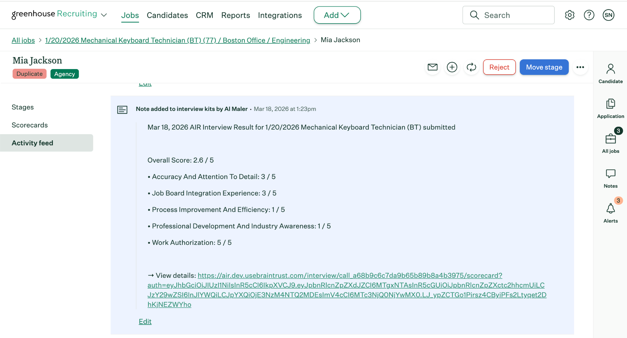 AIR interview results posted to the Greenhouse application notes