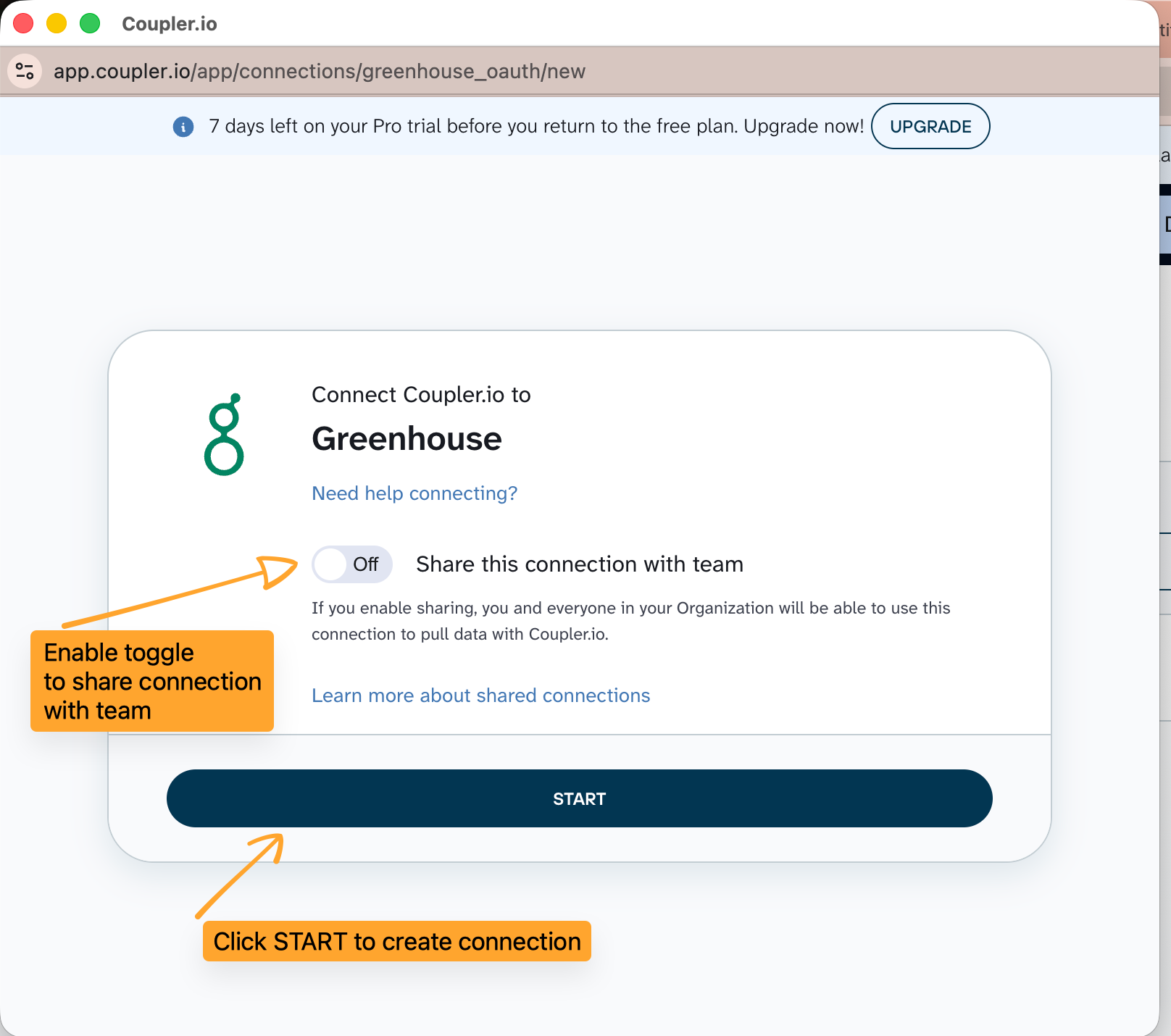 Share connection with your team option and Start button in Coupler.io