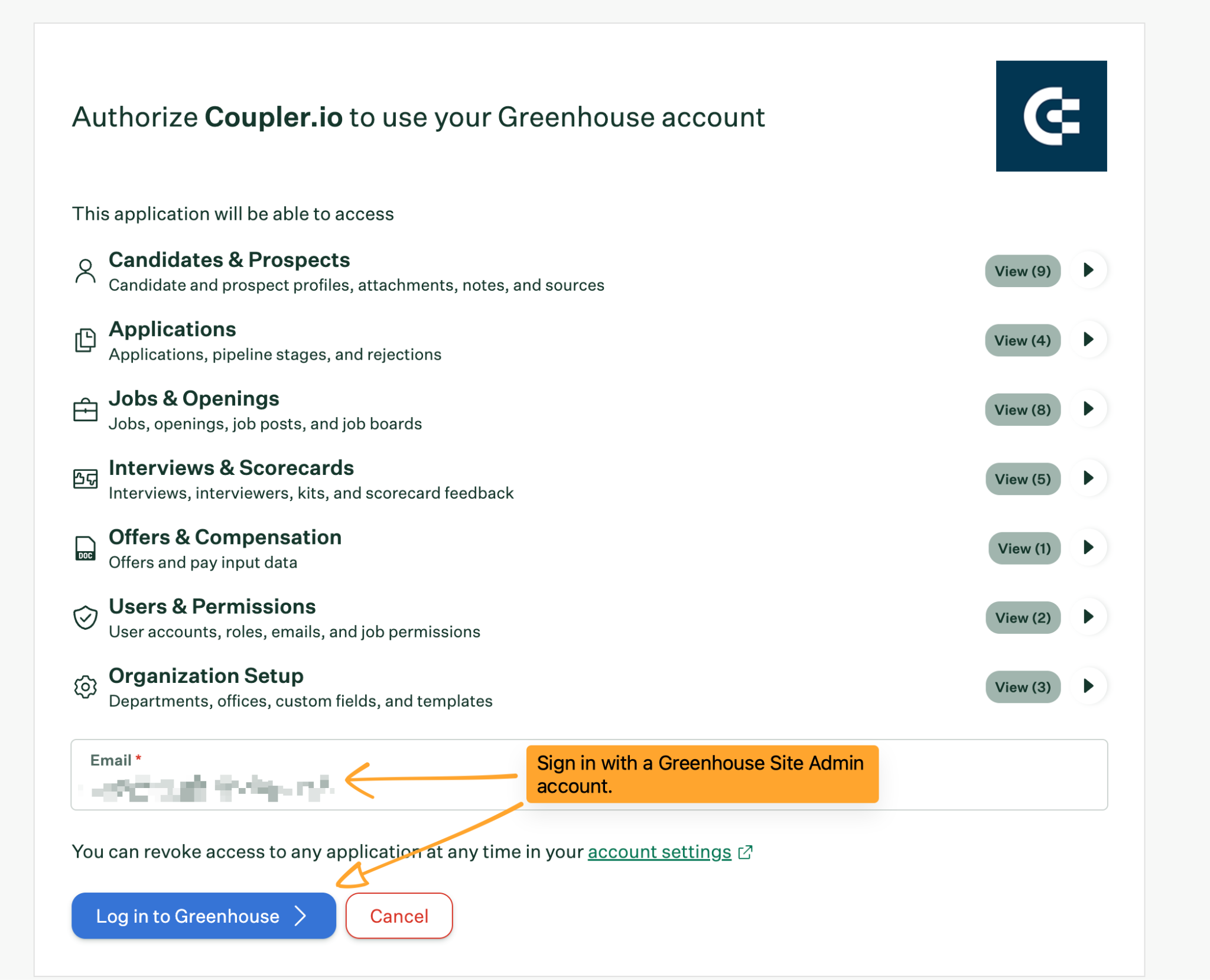 Greenhouse sign-in page reached from Coupler.io