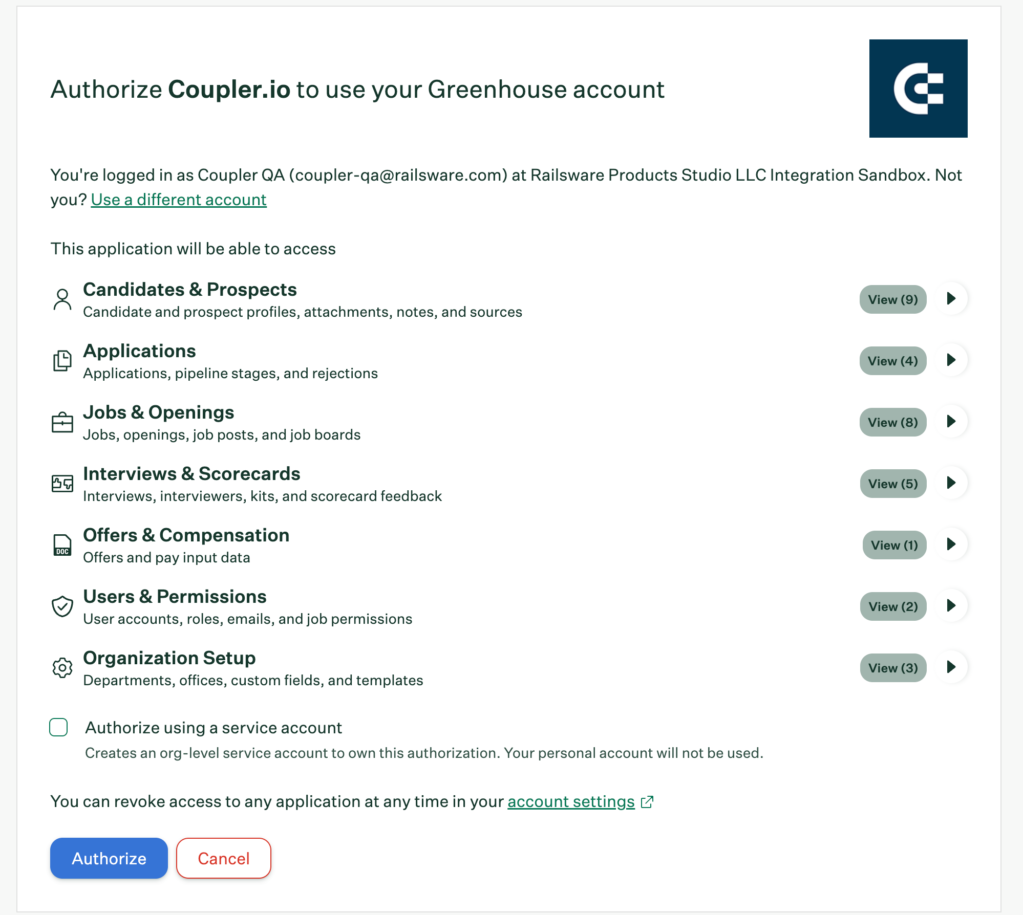 Greenhouse authorization screen showing requested permissions