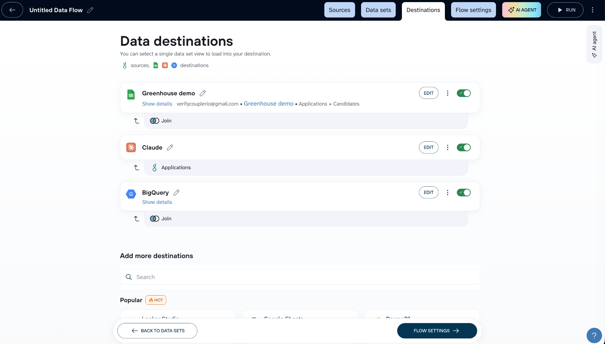 A Coupler.io data flow sending data to multiple destinations