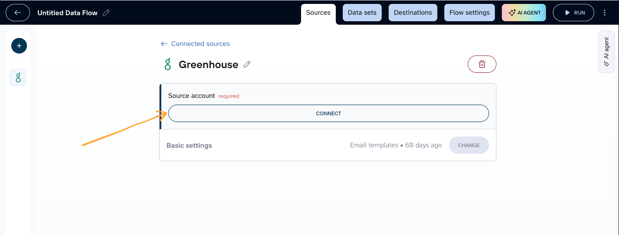 Connect button for the Greenhouse source in Coupler.io