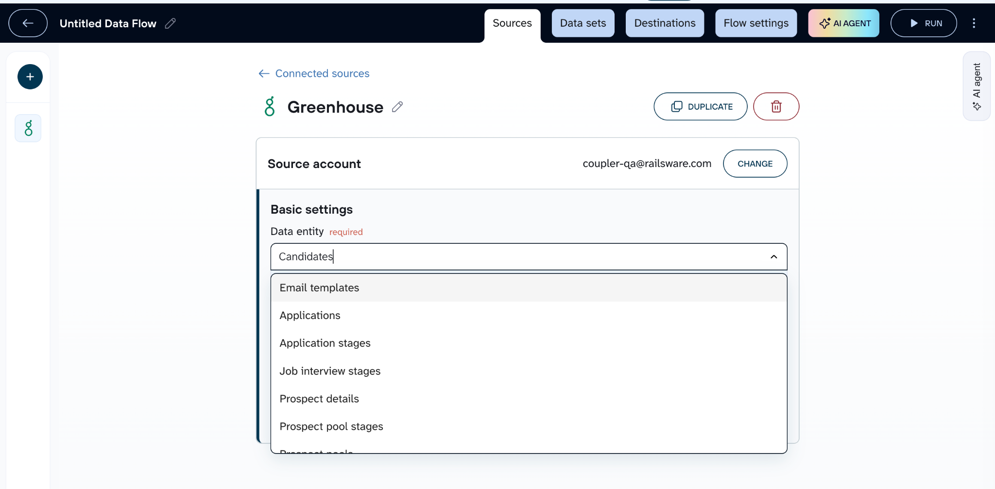 Selecting a Greenhouse data entity to import in Coupler.io