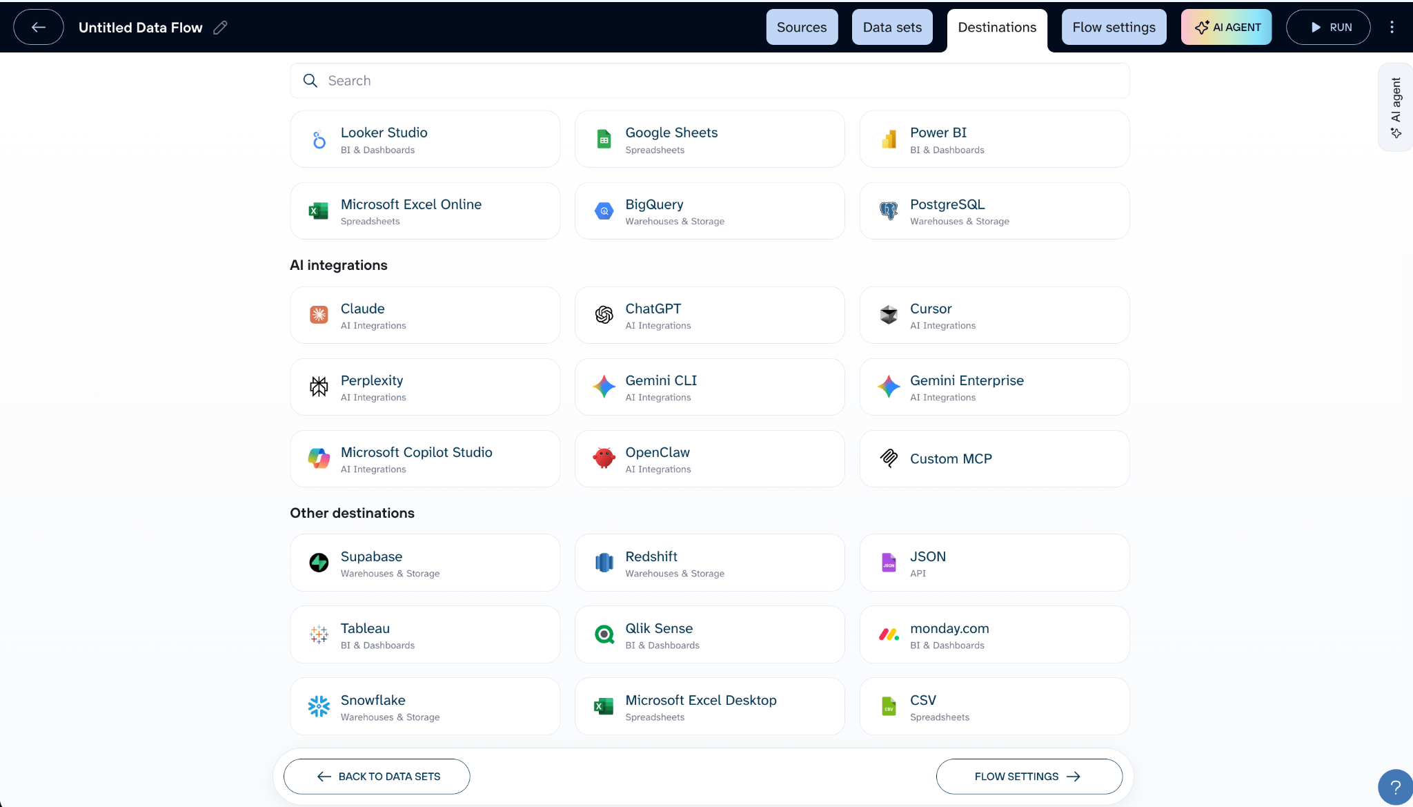 Destinations step showing available output options in Coupler.io