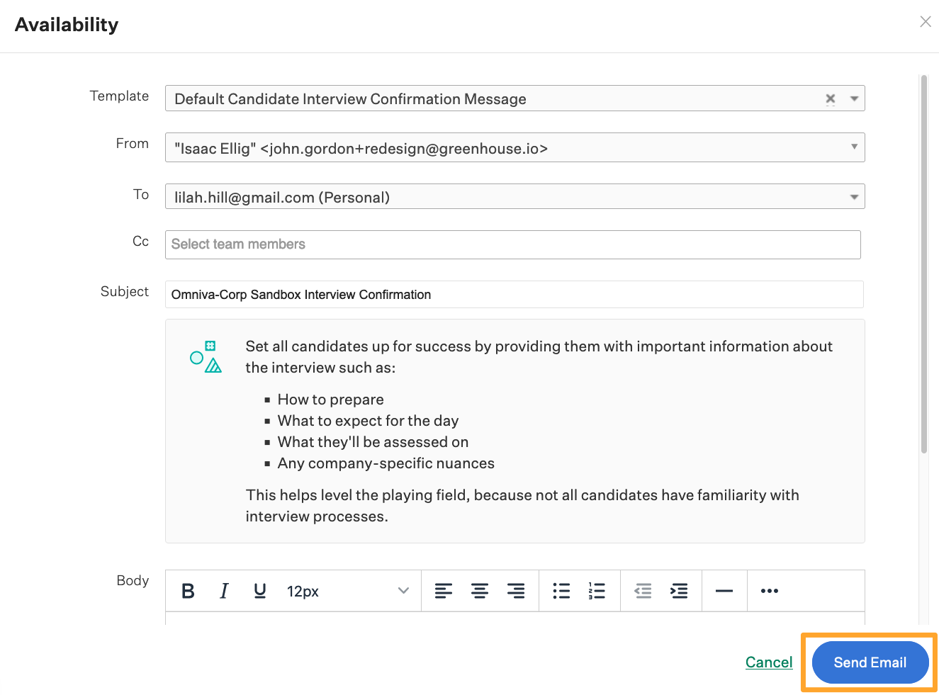 Send An Interview Confirmation Email Greenhouse Support