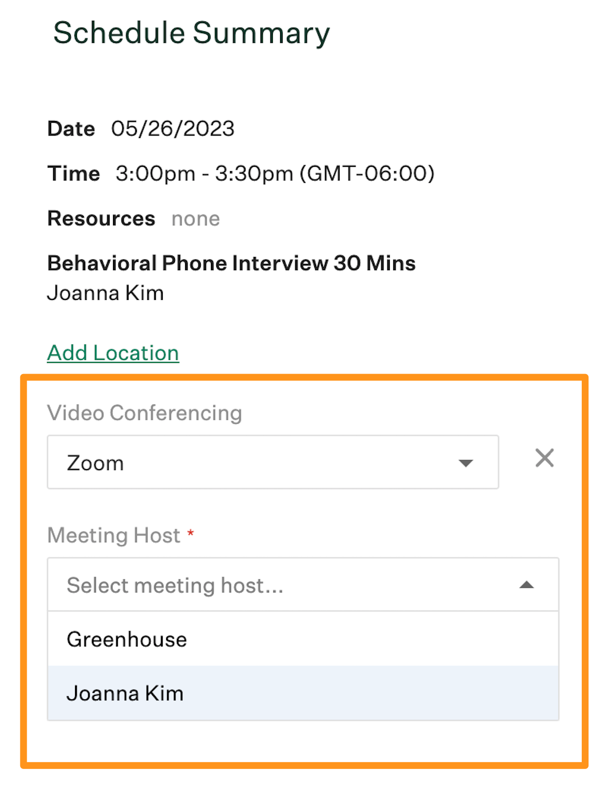 An example Zoom meeting is shown being configured with a list of users shown in the meeting host dropdown