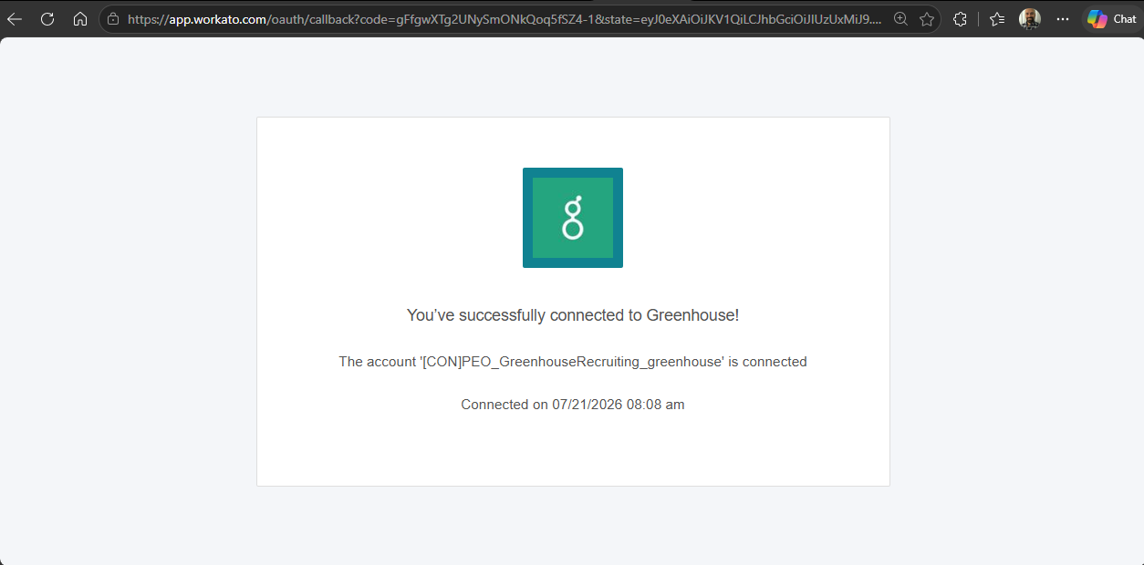 Error screen shown after connecting to Greenhouse