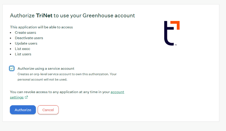 Greenhouse authorization screen with the Authorize using a service account option