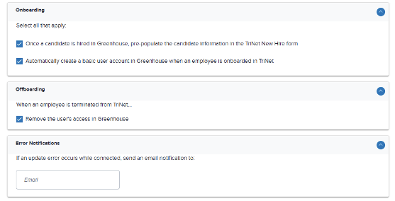 Integration configuration screen