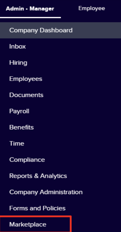 TriNet navigation menu with Marketplace option