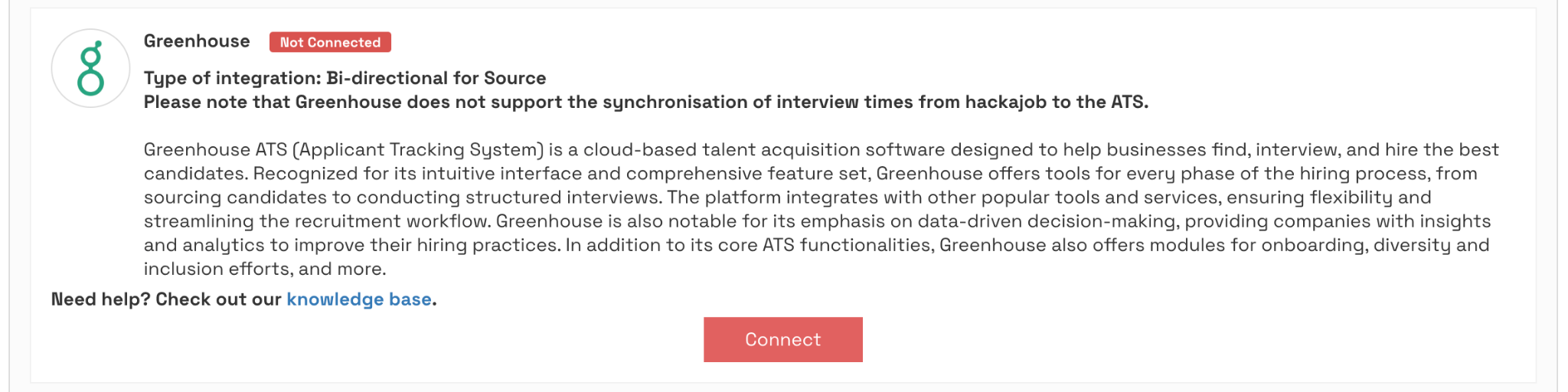 hackajob Integration Settings page with the Connect option
