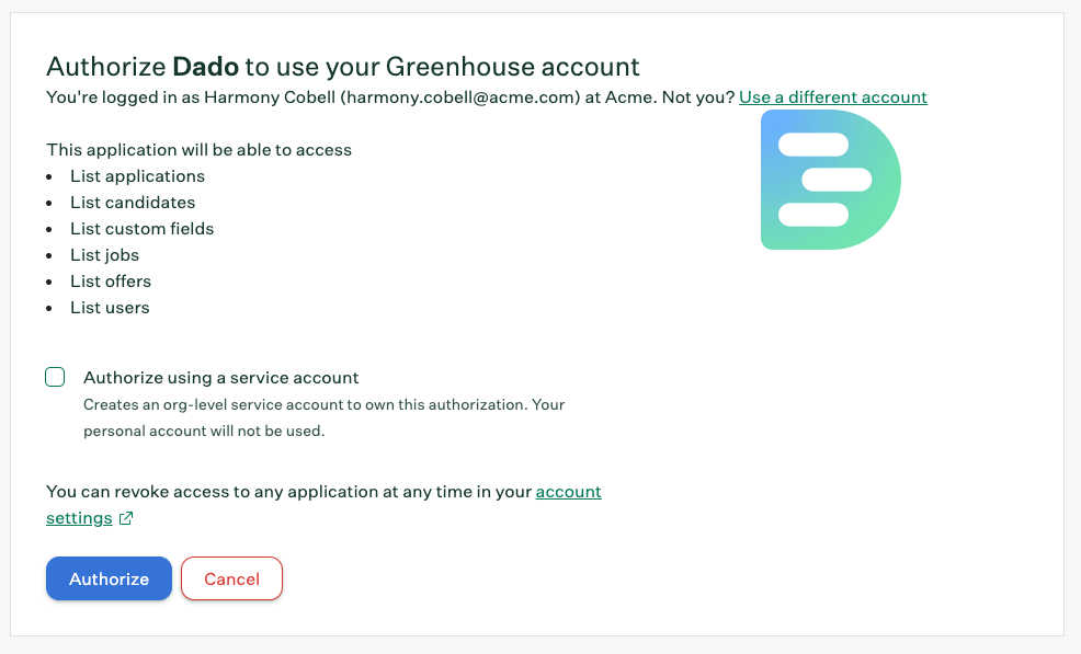 Greenhouse authorization screen with the Authorize using a service account checkbox
