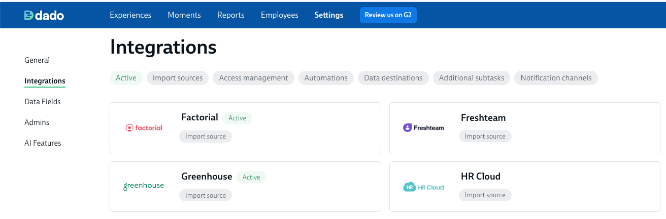 Dado Integrations page with the Greenhouse tile