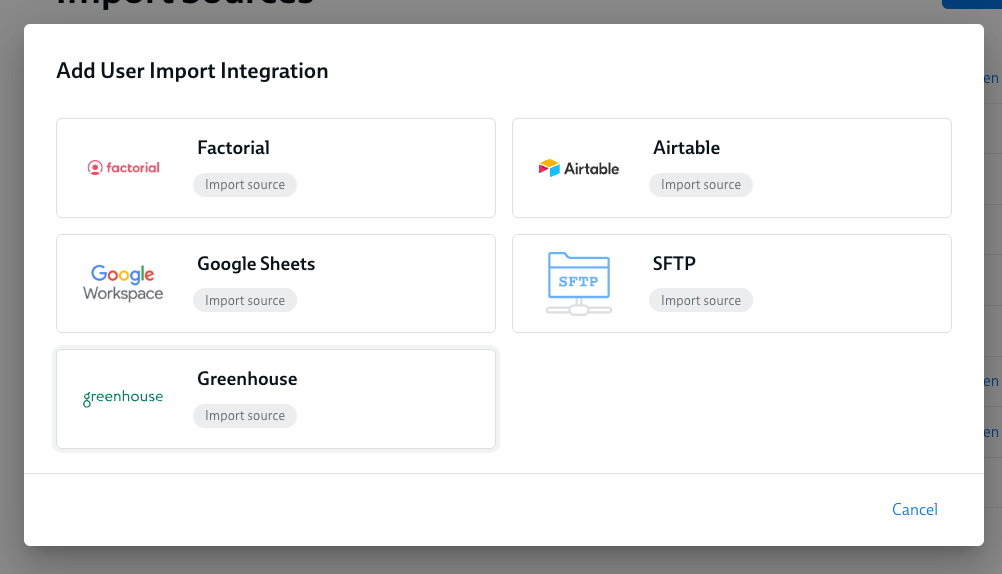 Import source selection window with Greenhouse
