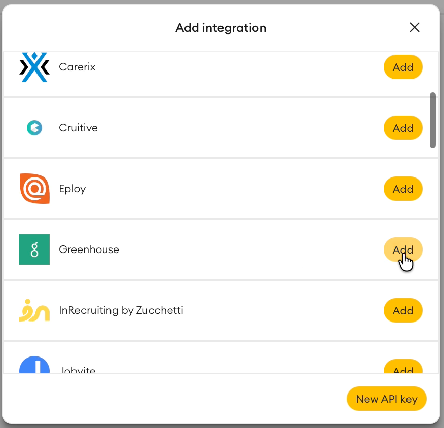 Alva Integrations page showing Add integration and Greenhouse in the list
