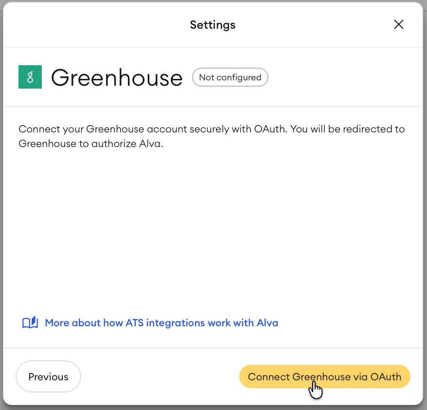 Alva Greenhouse integration settings with the Connect Greenhouse via OAuth button