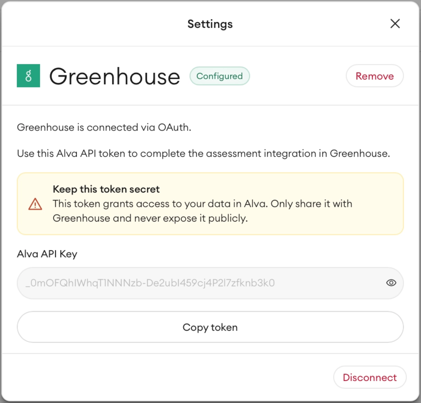 Greenhouse Support ticket flow for sharing the Alva API key securely