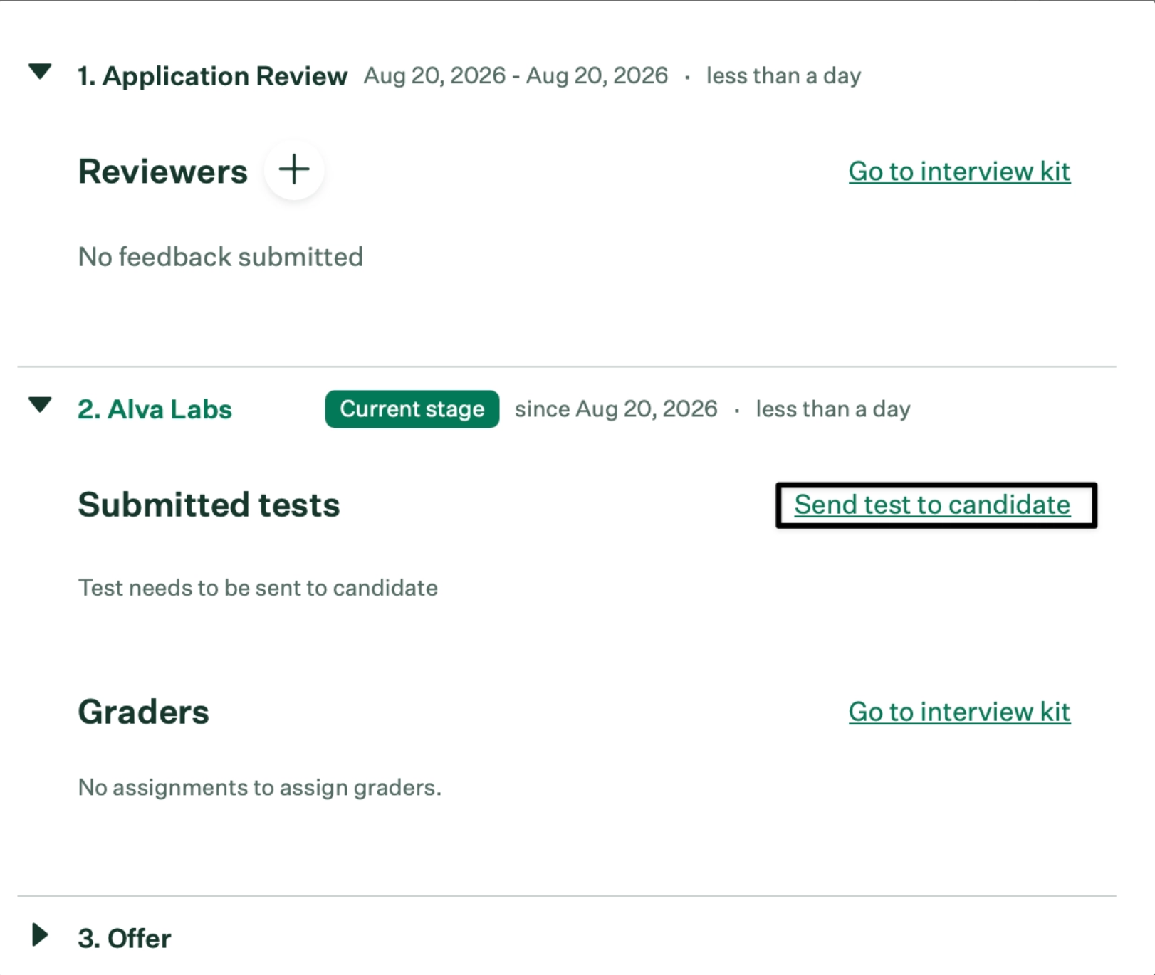 Candidate moved to the Alva Labs stage with the Send Test button