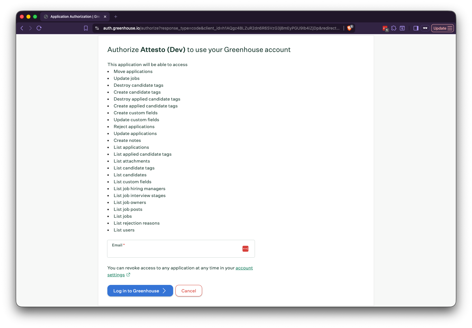 Greenhouse authorization screen showing the permissions Attesto is requesting