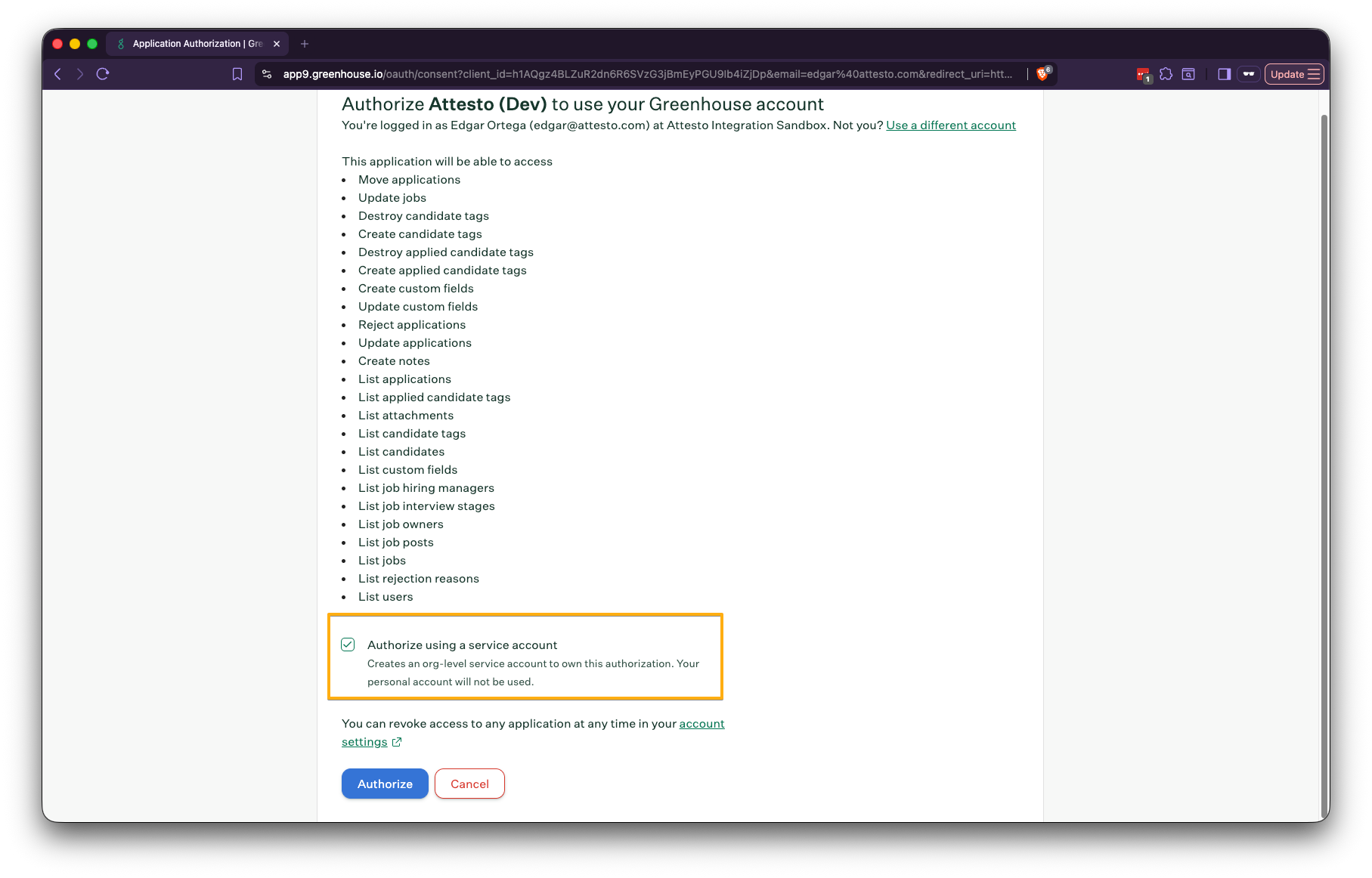 Greenhouse authorization screen with the Authorize using a service account option selected