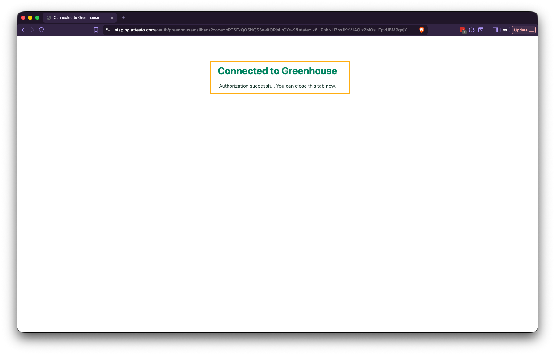 Confirmation message showing the Attesto and Greenhouse authorization was successful