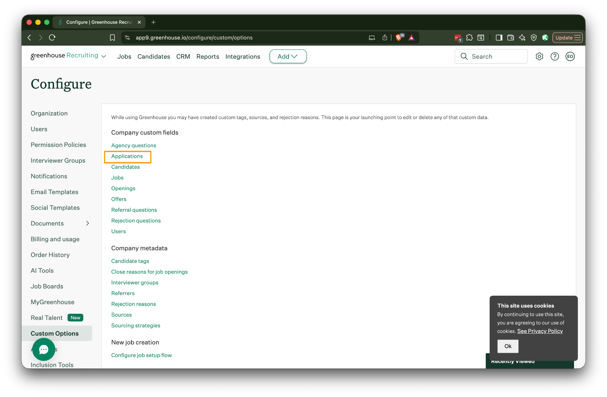 Greenhouse Custom Options page with Applications selected