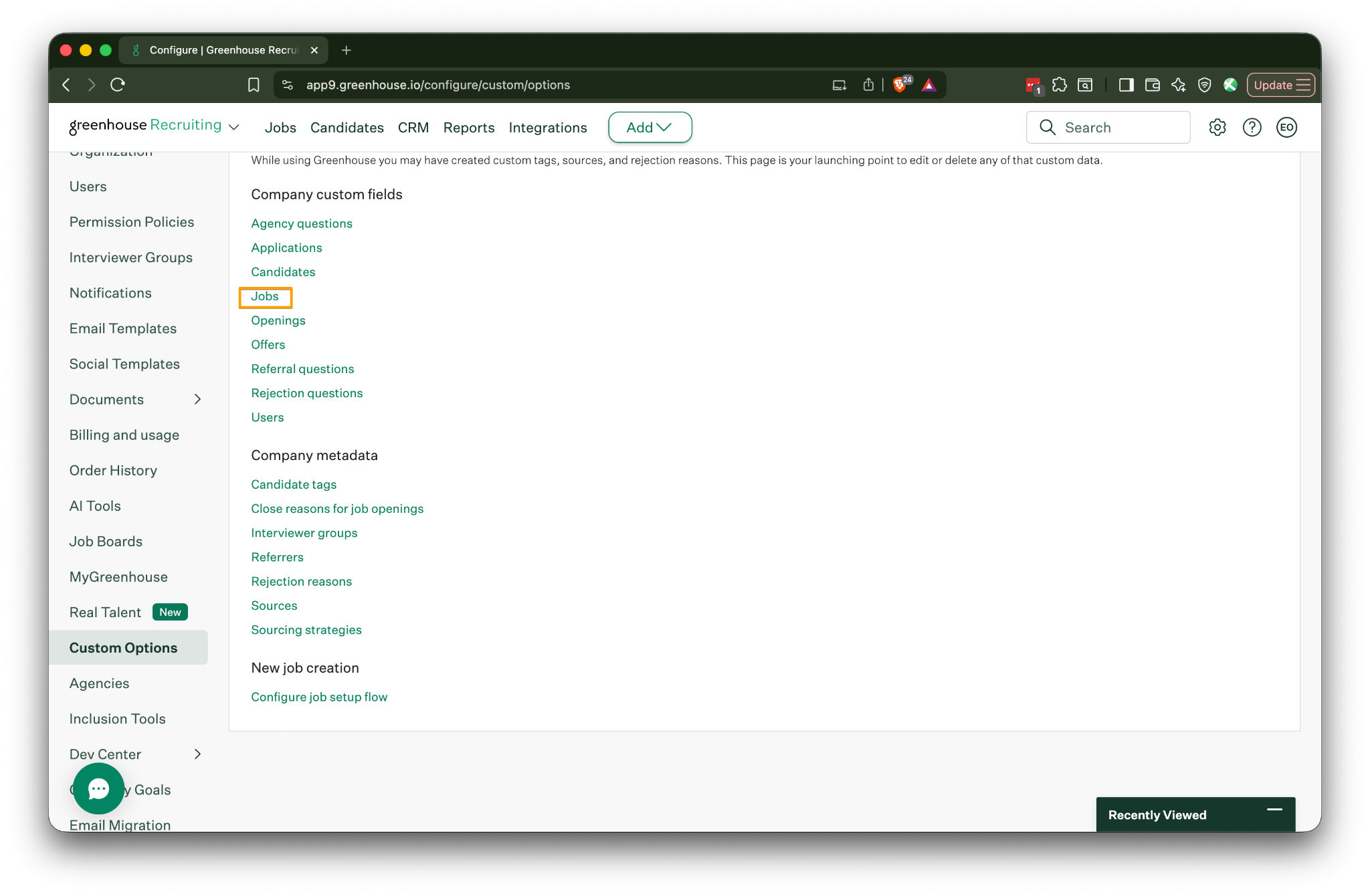 Greenhouse Custom Options page with Jobs selected