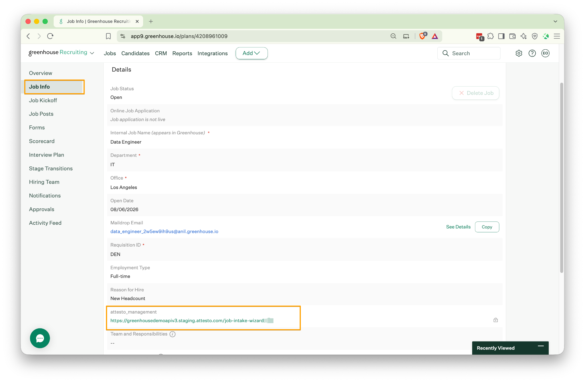 Job page in Greenhouse showing the attesto_management field with a link to the Job Intake Wizard