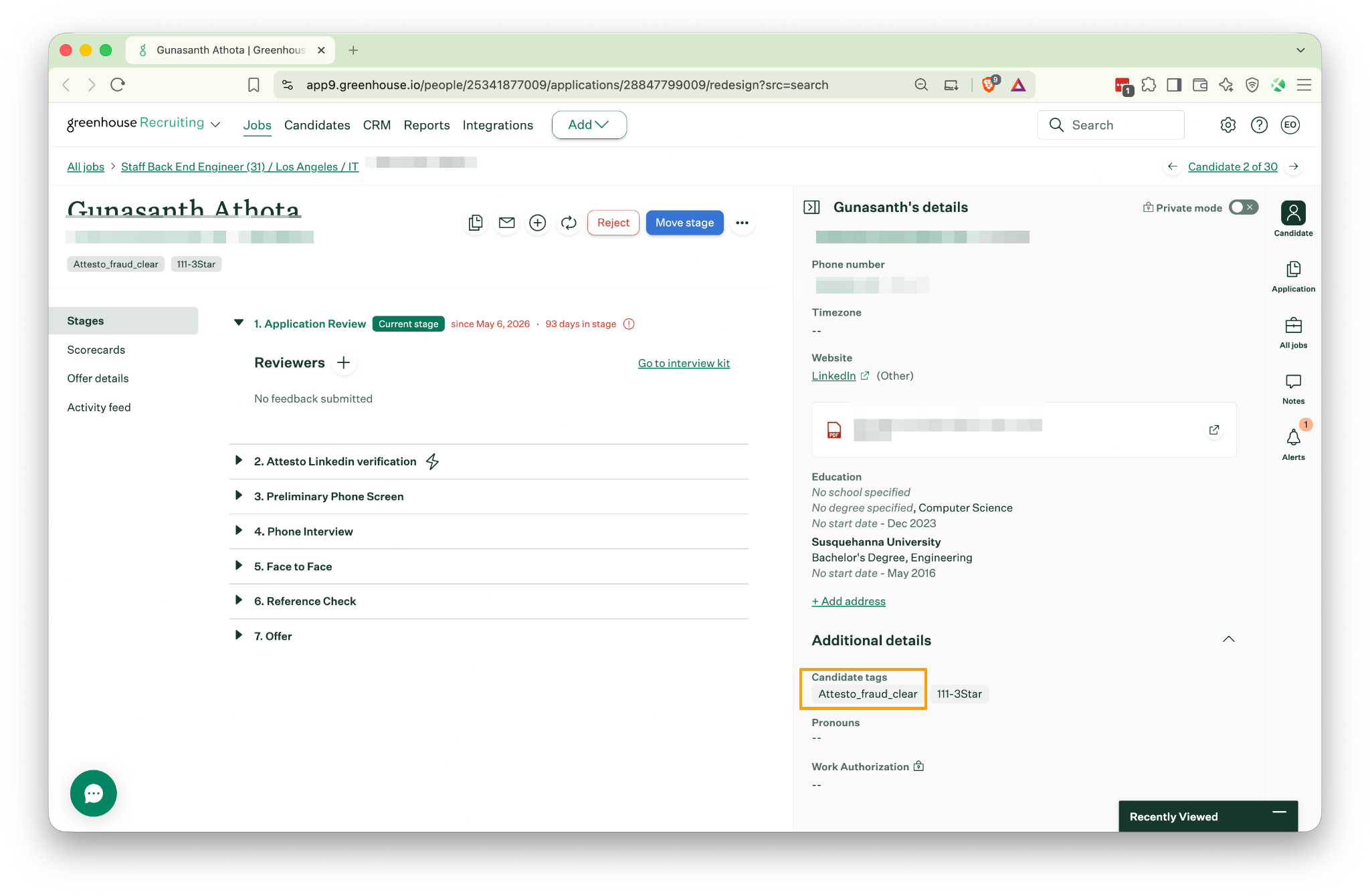 Candidate profile in Greenhouse showing the fraud assessment result in candidate tags