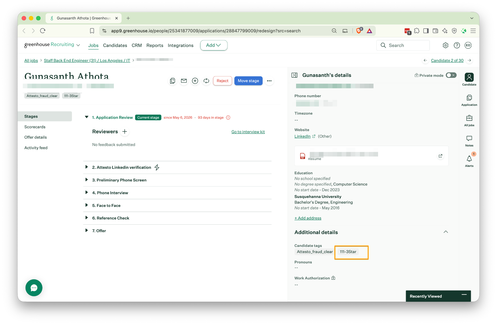 Candidate application in Greenhouse showing the fit assessment result in application tags