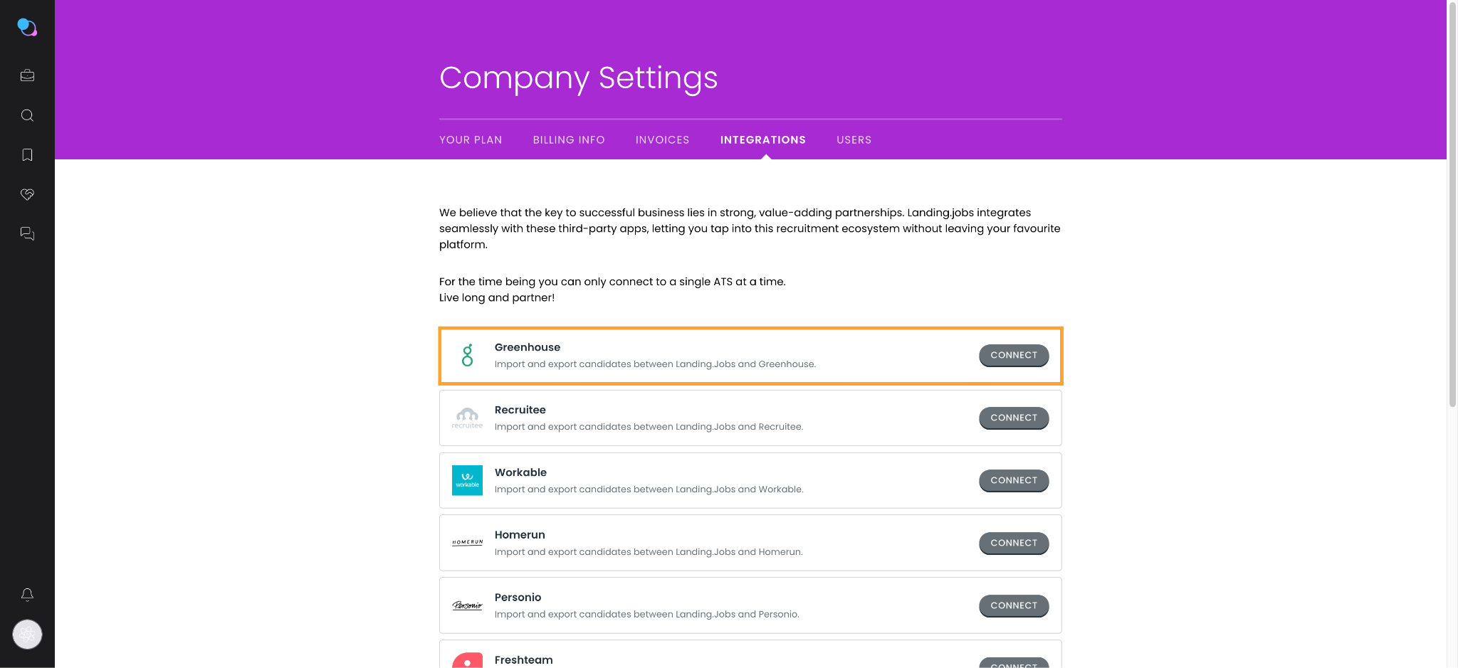 Greenhouse permissions screen for the Landing.Jobs integration