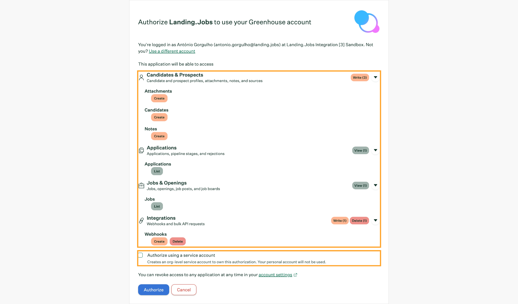 Greenhouse authorization confirmation screen