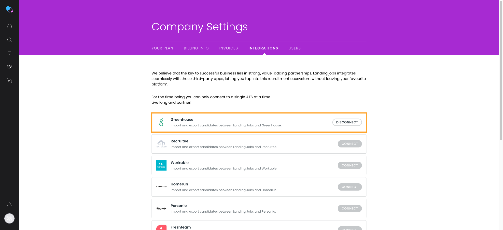 Landing.Jobs integrations page showing Greenhouse connected