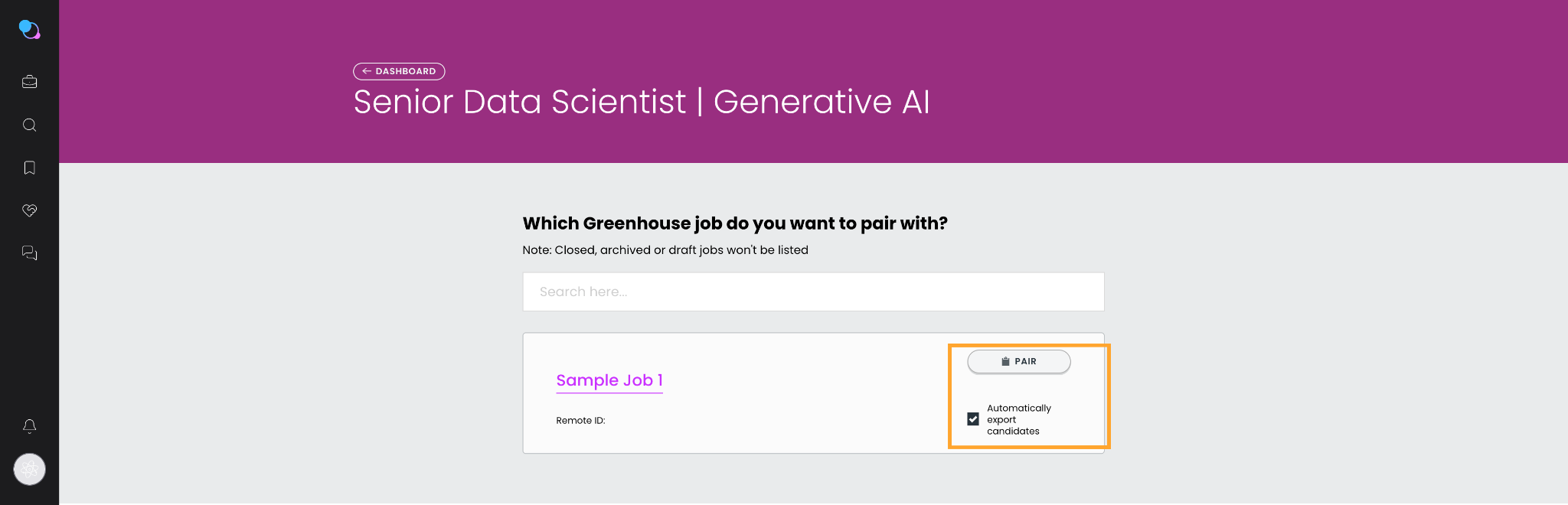 Landing.Jobs job pairing screen with the Automatically export candidates option