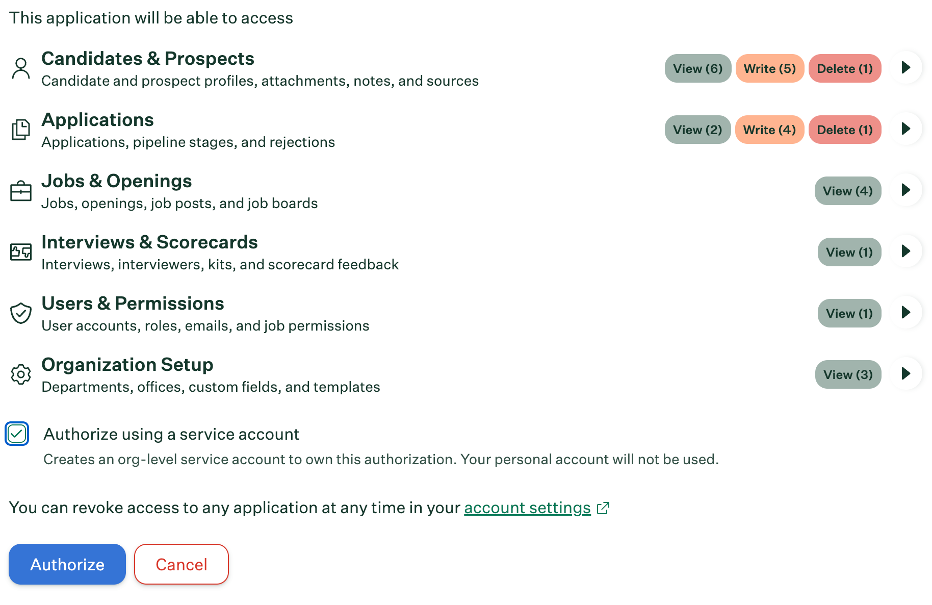 Greenhouse authorization screen for Teamable with the Authorize using a service account option