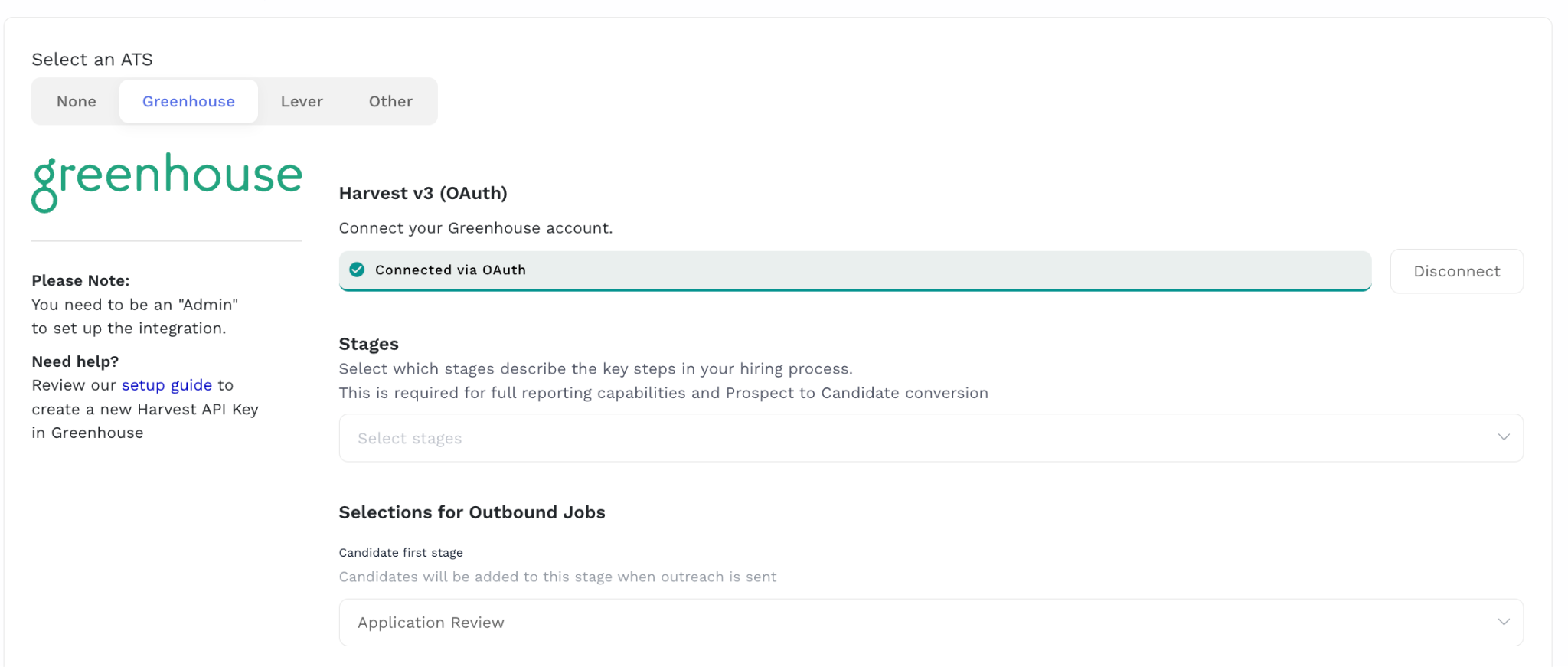 Teamable Greenhouse connection settings with Stages and Candidate first stage options