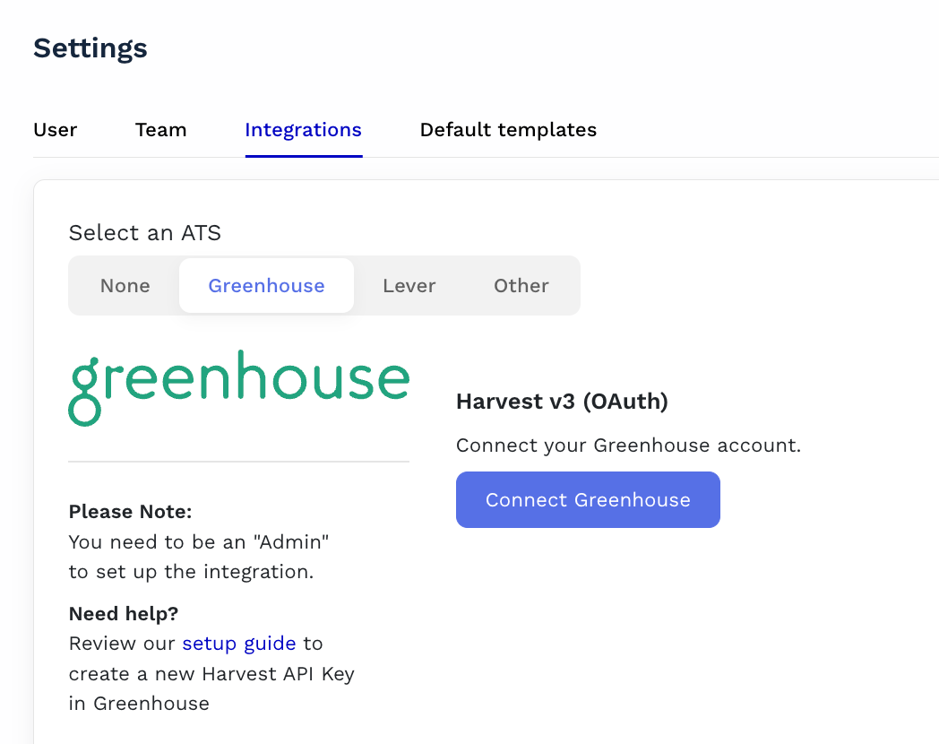 Teamable Integrations page with the Connect Greenhouse button