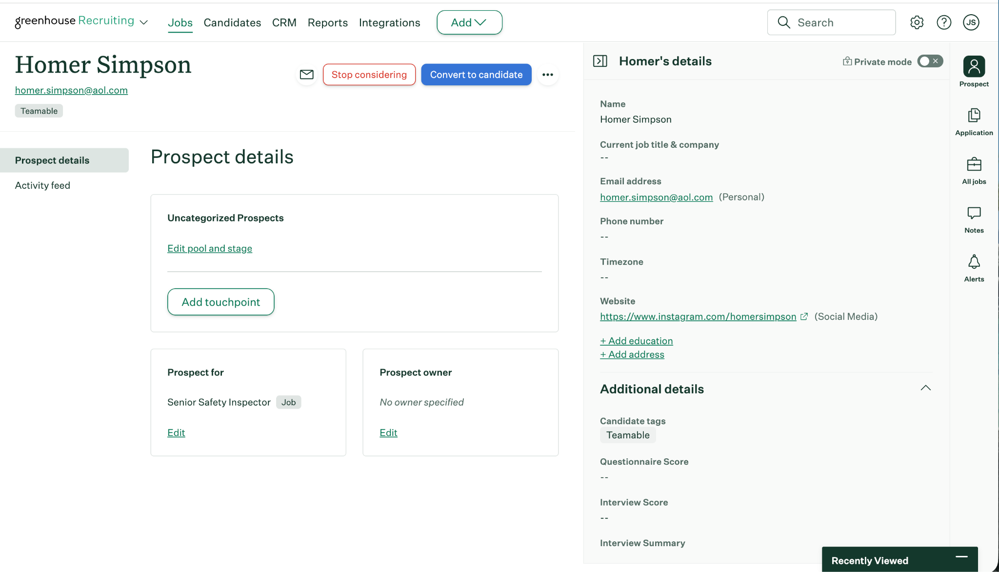 Candidate sourced into Greenhouse from Teamable, shown as a prospect