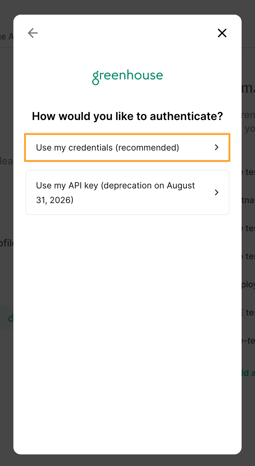 The authentication method step, with Use my credentials highlighted.