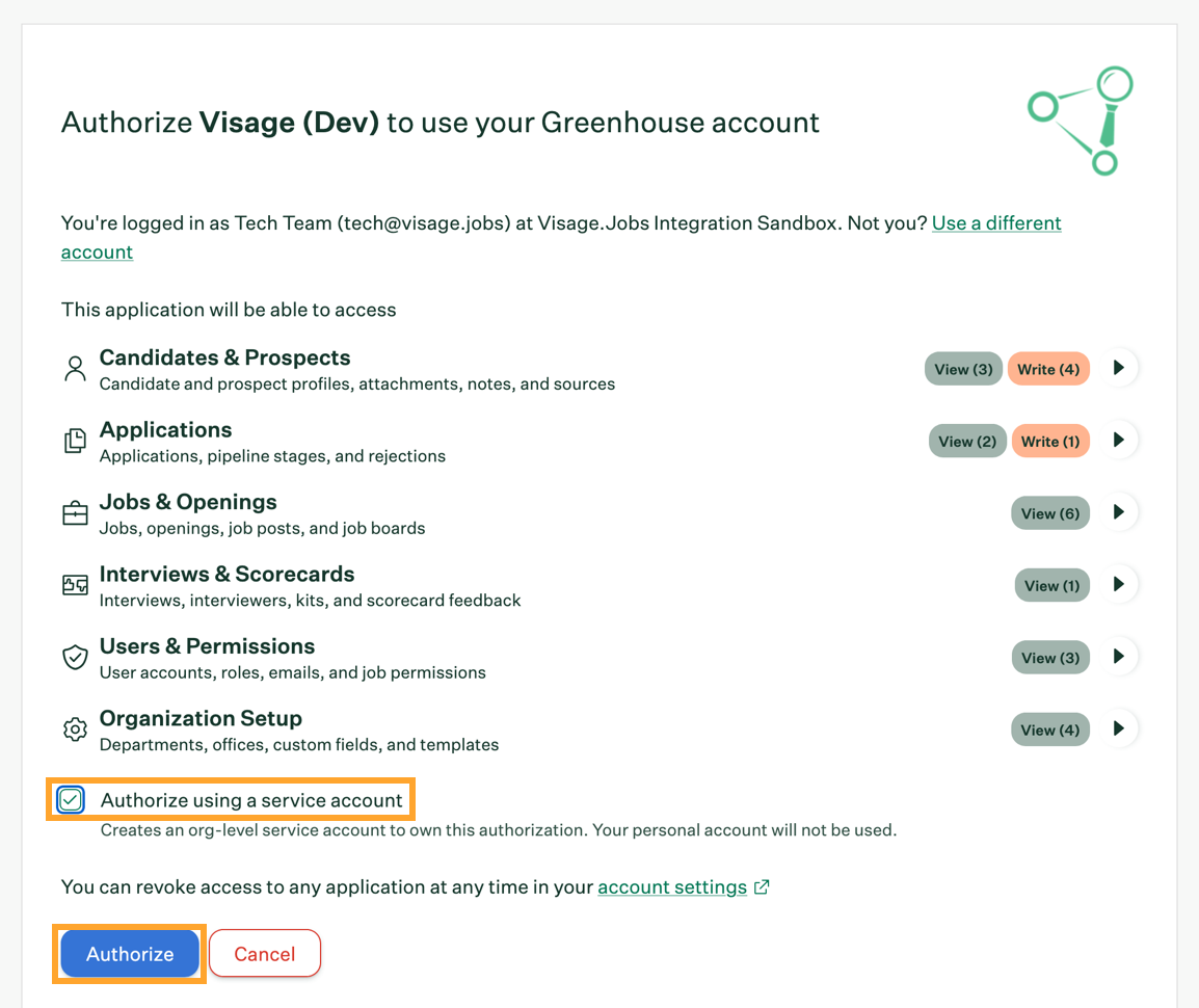 The Greenhouse confirmation screen, with the service account option and the Authorize button highlighted.