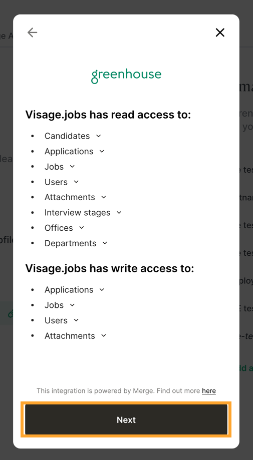The permission summary, with the Next button highlighted.