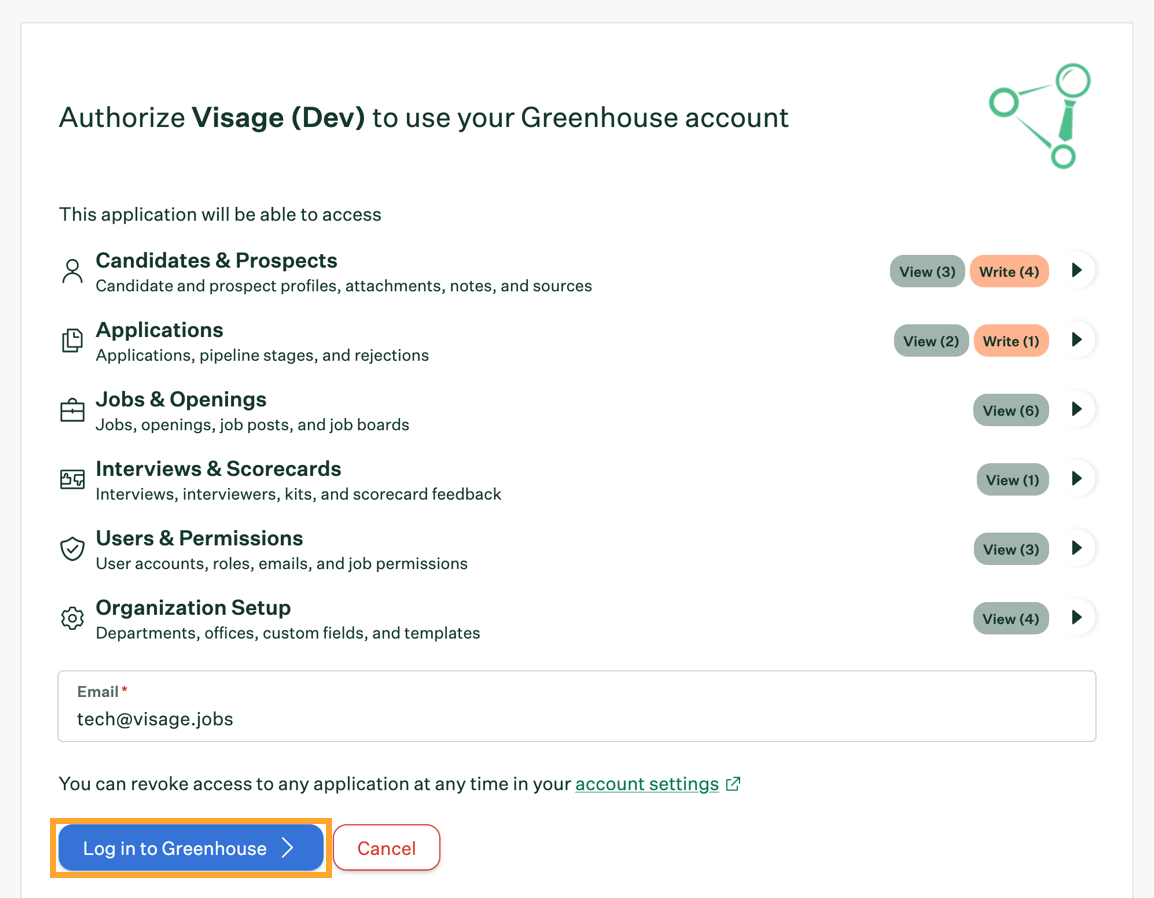 The Greenhouse authorisation screen, with the Log in to Greenhouse button highlighted.