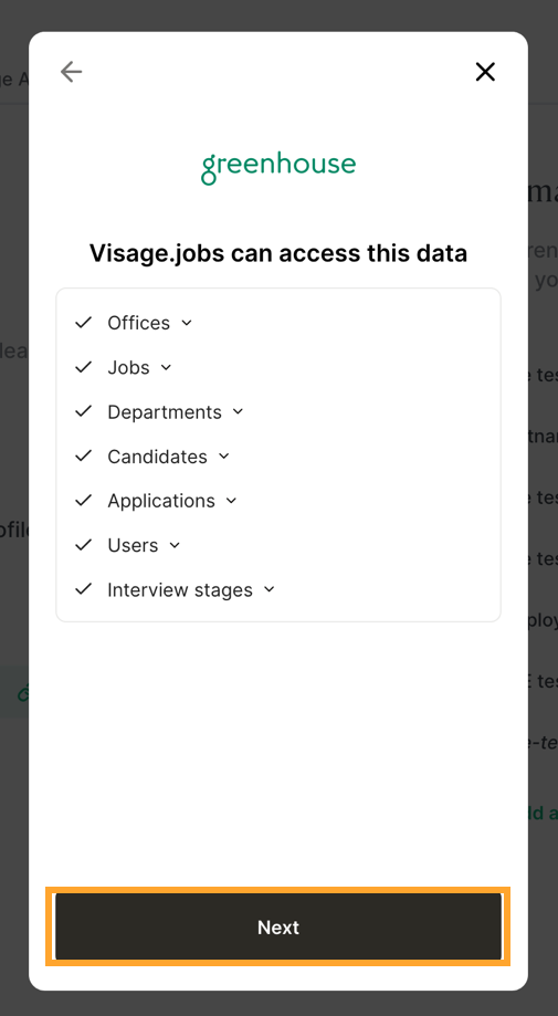 The accessible data summary, with the Next button highlighted.