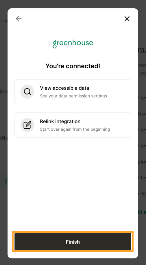 The connection confirmation, with the Finish button highlighted.