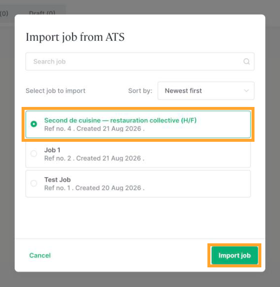 The Import job from ATS window, with a Greenhouse job selected.